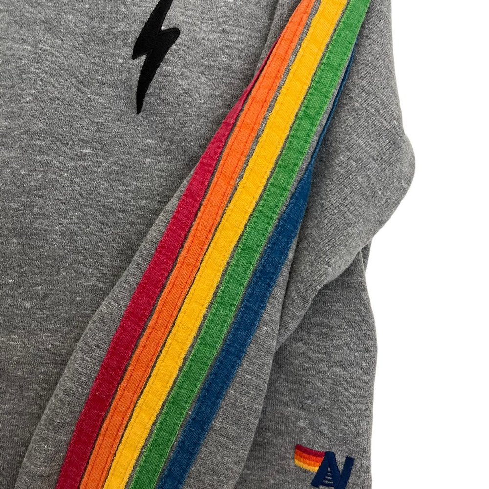 Aviator Nation Gray Cropped Crewneck with Rainbow Sleeve Stripes - Picture 3 of 8